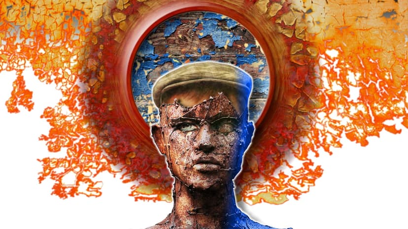 Human face with fragmented features and a cap sits within a circular frame of peeling orange paint and fire.