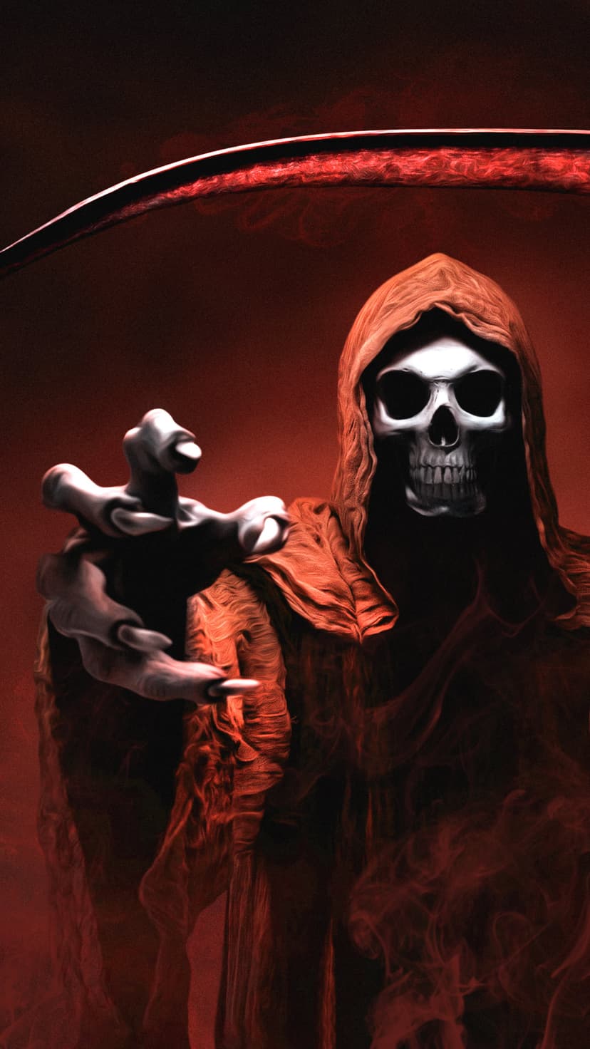 Skeletal hand and hooded skull of the Grim Reaper reaching out from red smoke near a curved metal scythe blade.