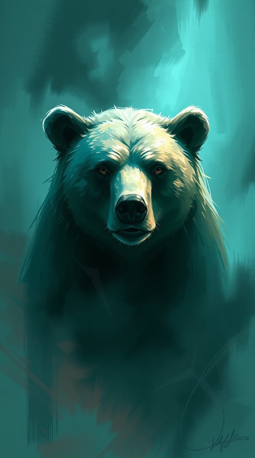Bear face illuminated by teal rim lighting against a dark background, showing detailed fur and intense eyes.