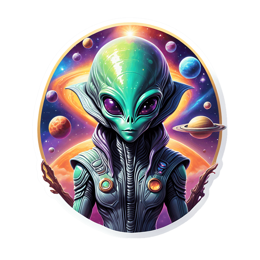 Green alien wearing futuristic armor stands before a vibrant nebula with colorful planets and bright stars.