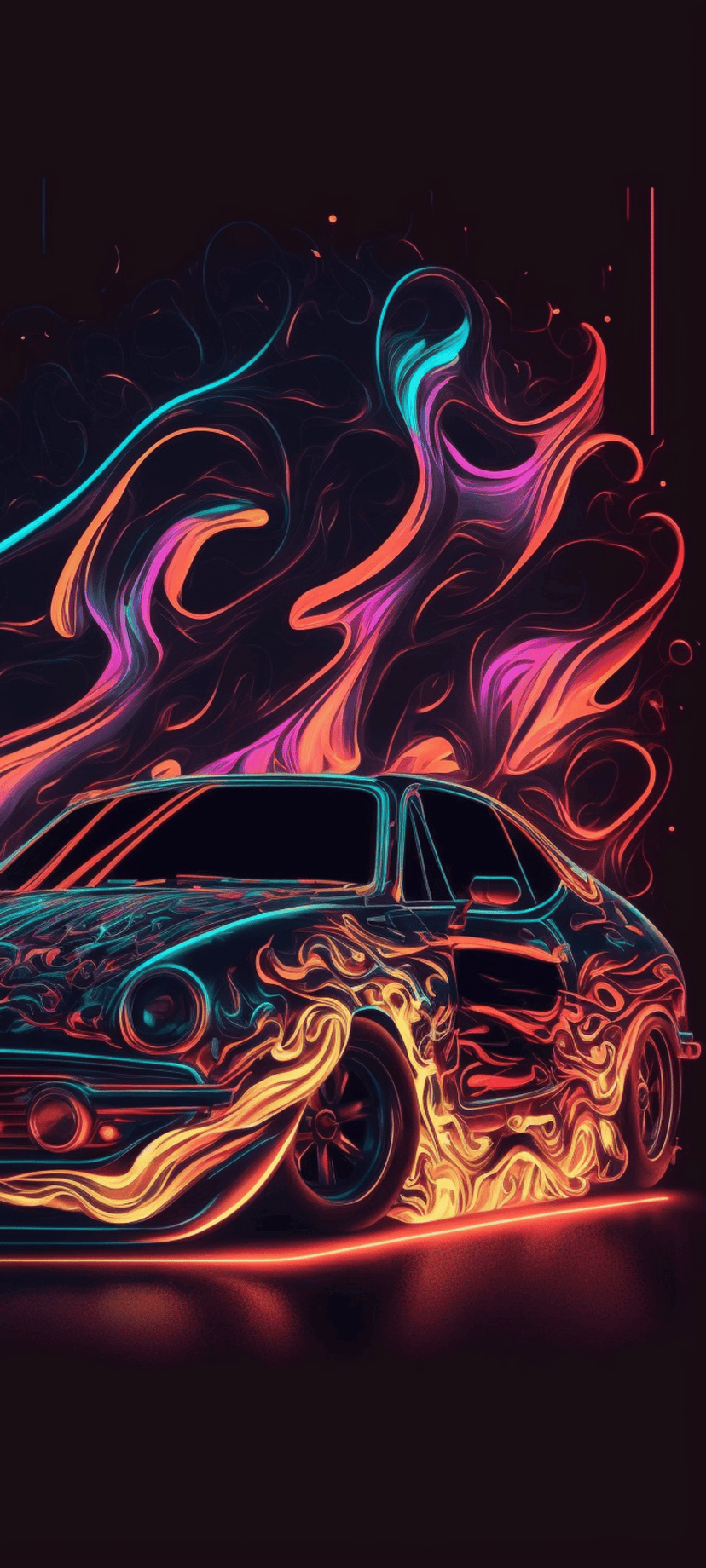 Porsche 911 engulfed in vibrant pink and orange neon flames with swirling blue light streaks against black.