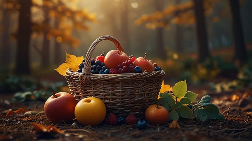 Wicker basket filled with red apples and berries sits on golden fallen leaves within a sunlit autumn forest.