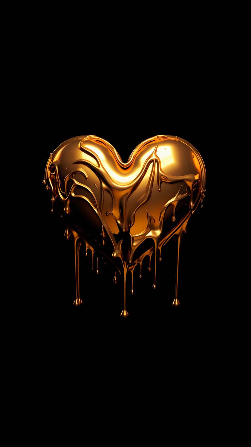 Polished golden heart sculpture dripping liquid metal against a solid black background with reflective textures.