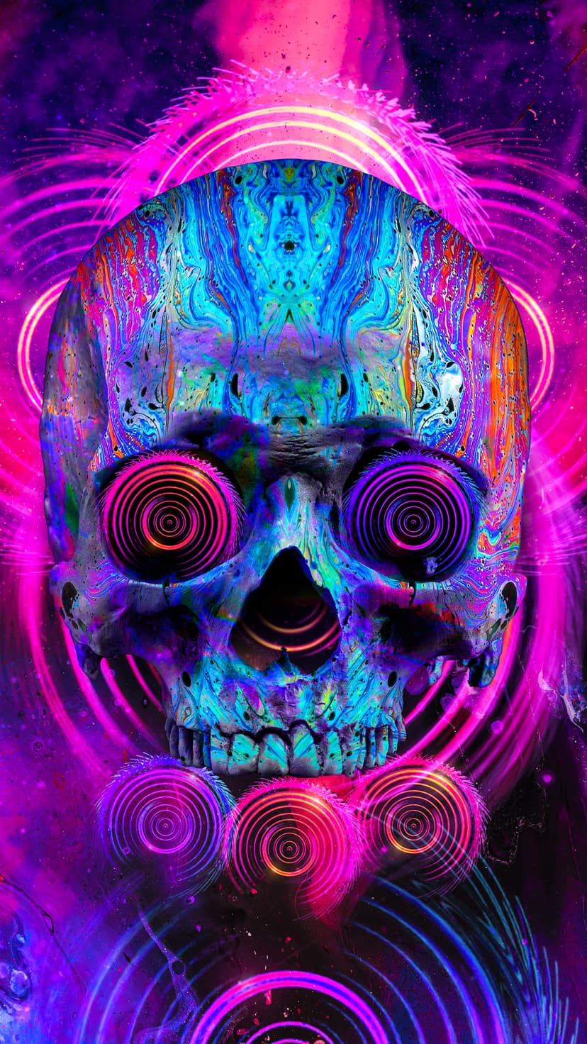 Skull with glowing eye sockets radiates neon pink and blue energy waves against a dark, swirling background.