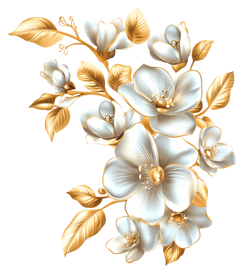 White gold flowers feature layered ivory petals and metallic gilded outlines on a transparent background.
