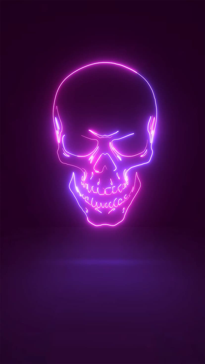 Glowing pink skull outline with visible eye sockets and teeth set against a dark purple solid background.