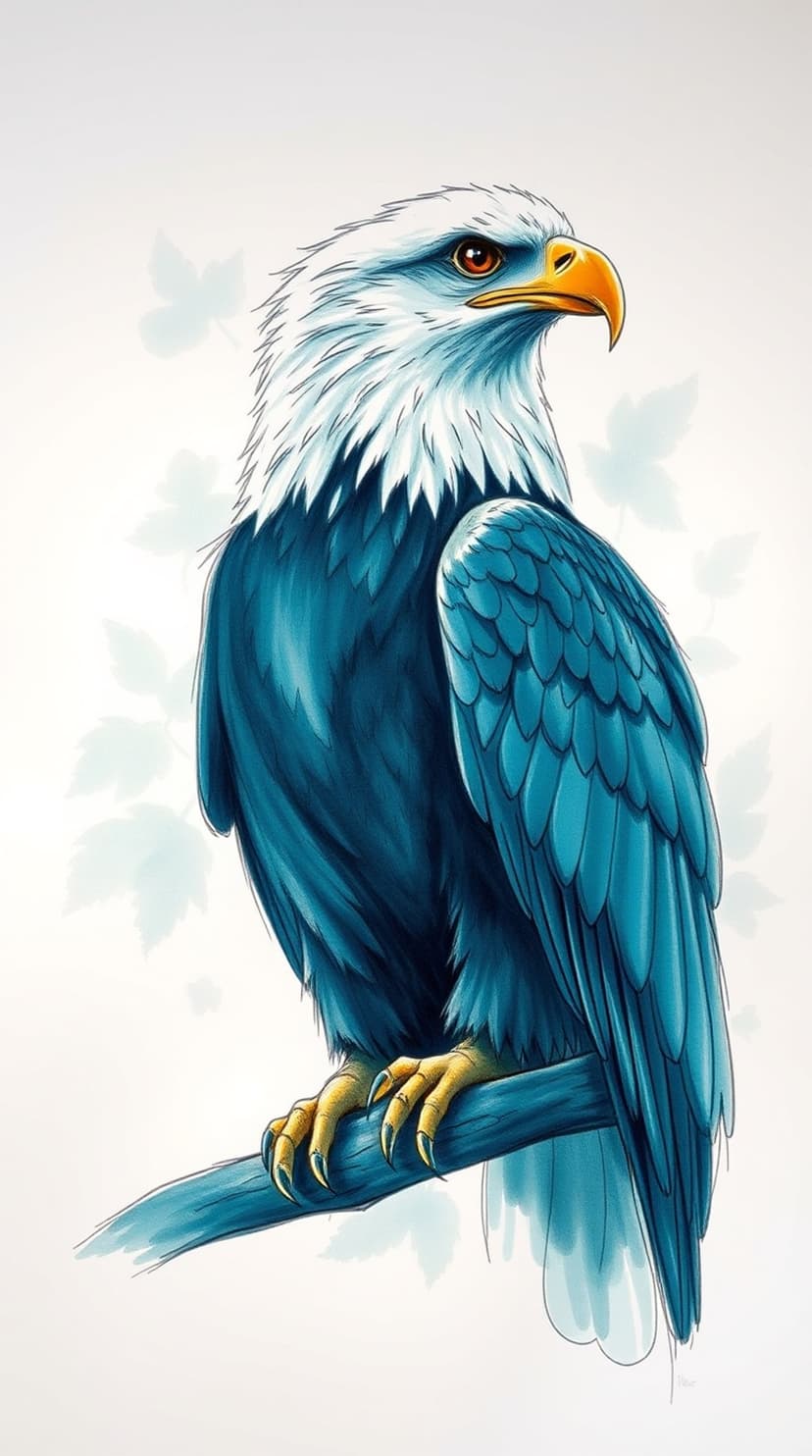 Bald eagle with a white head and navy blue feathers grips a textured branch with its sharp, yellow talons.