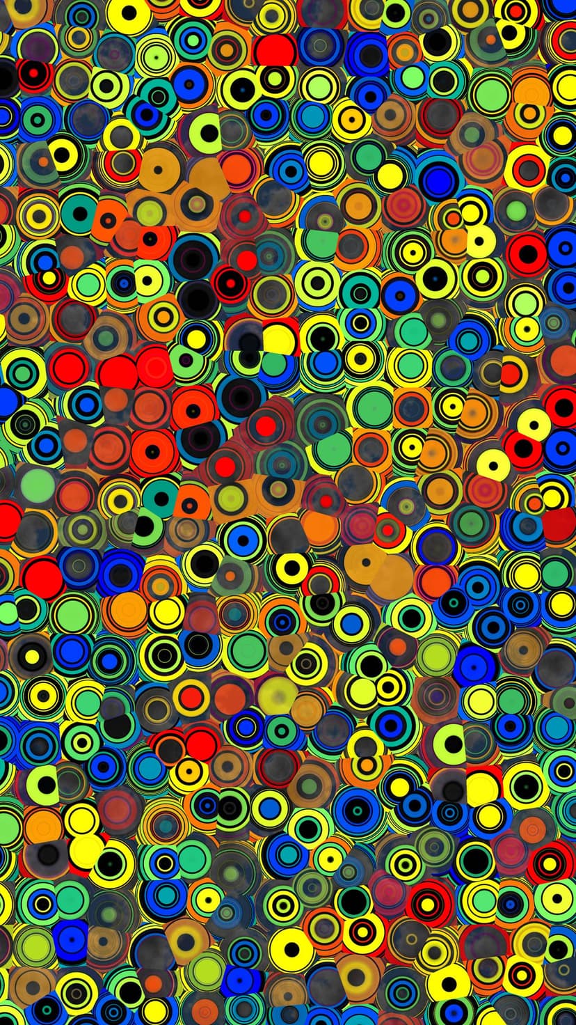 Concentric circles in primary colors overlap to create a dense, rhythmic pattern with a sense of visual depth.