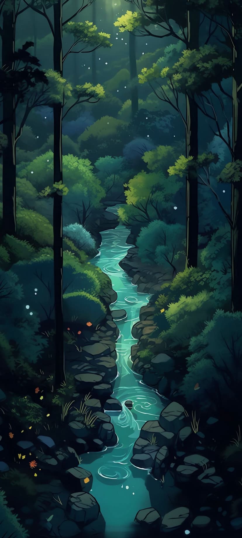 Turquoise glowing river flowing past mossy boulders under sunbeams filtering through dense forest trees.
