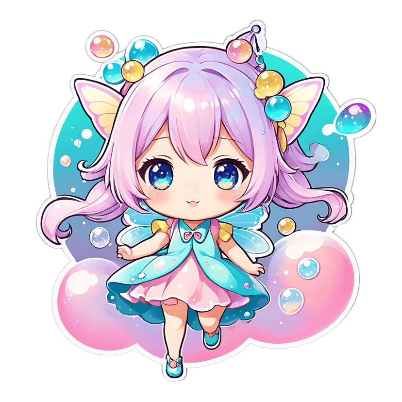 Chibi fairy sticker features a character with pink hair and blue wings surrounded by floating bubbles and clouds.