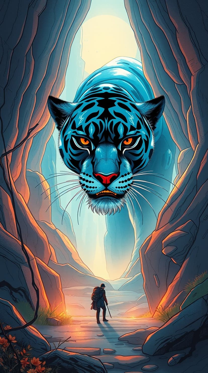Giant blue panther with glowing eyes overlooks a hiker in a sunlit desert canyon with steep rock walls.