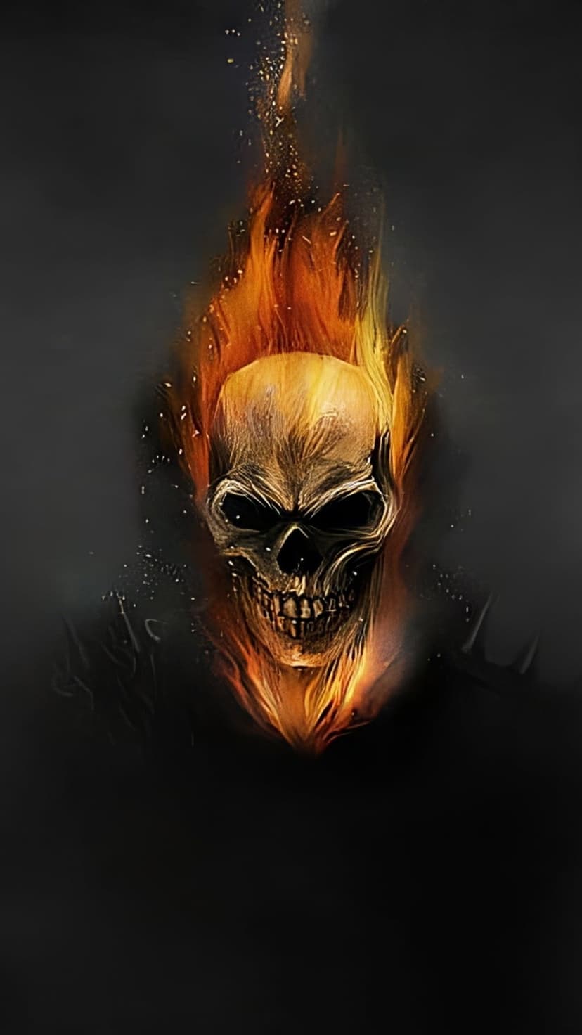 Menacing human skull engulfed in vibrant orange flames with rising sparks and smoke against a dark background.