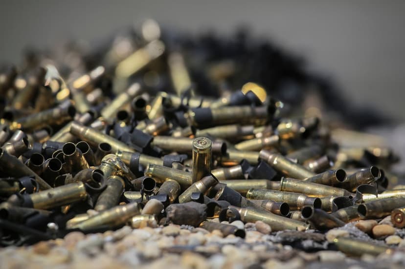 Brass ammunition shells lie on small grey stones with a focused foreground and blurred outdoor background.