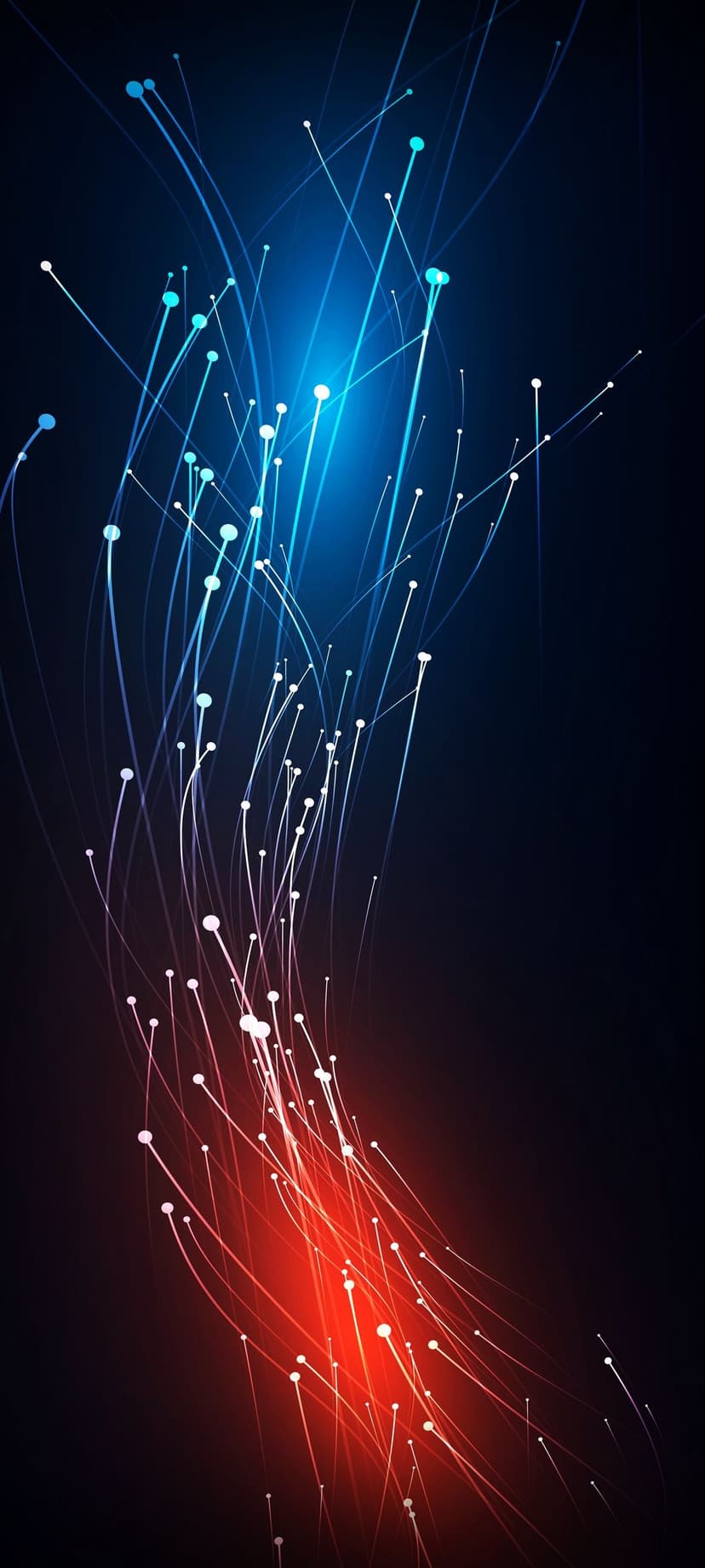 Electric blue and red light trails flow vertically over a black background with glowing floating particles.