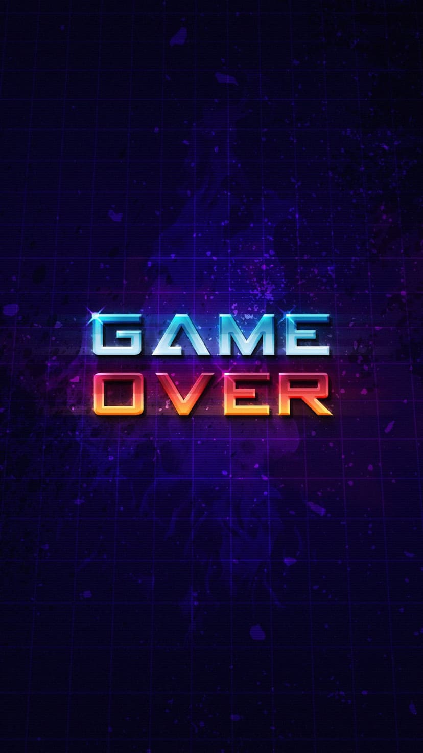 Game Over neon text in cyan and red glowing over a purple perspective grid with subtle vintage grunge textures.