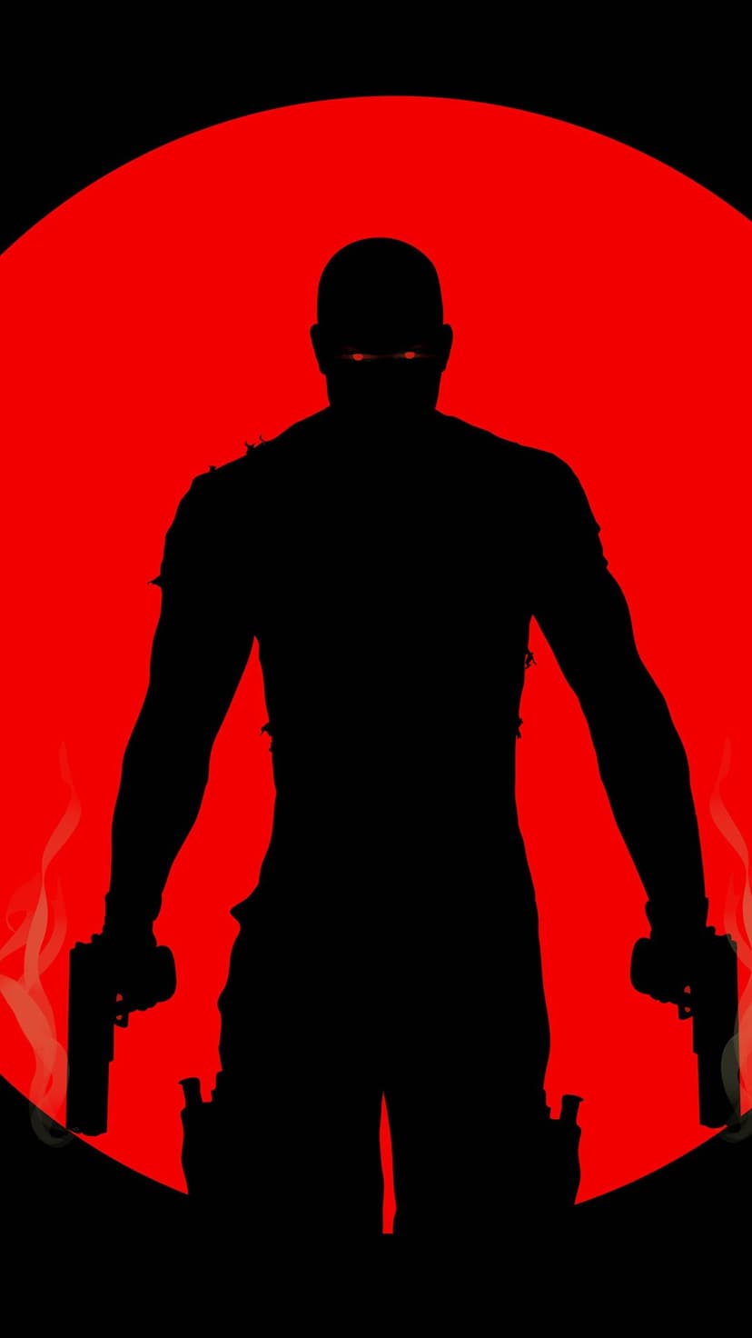 Shadowy figure with glowing red eyes holds two handguns against a large red circle with rising smoke tendrils.