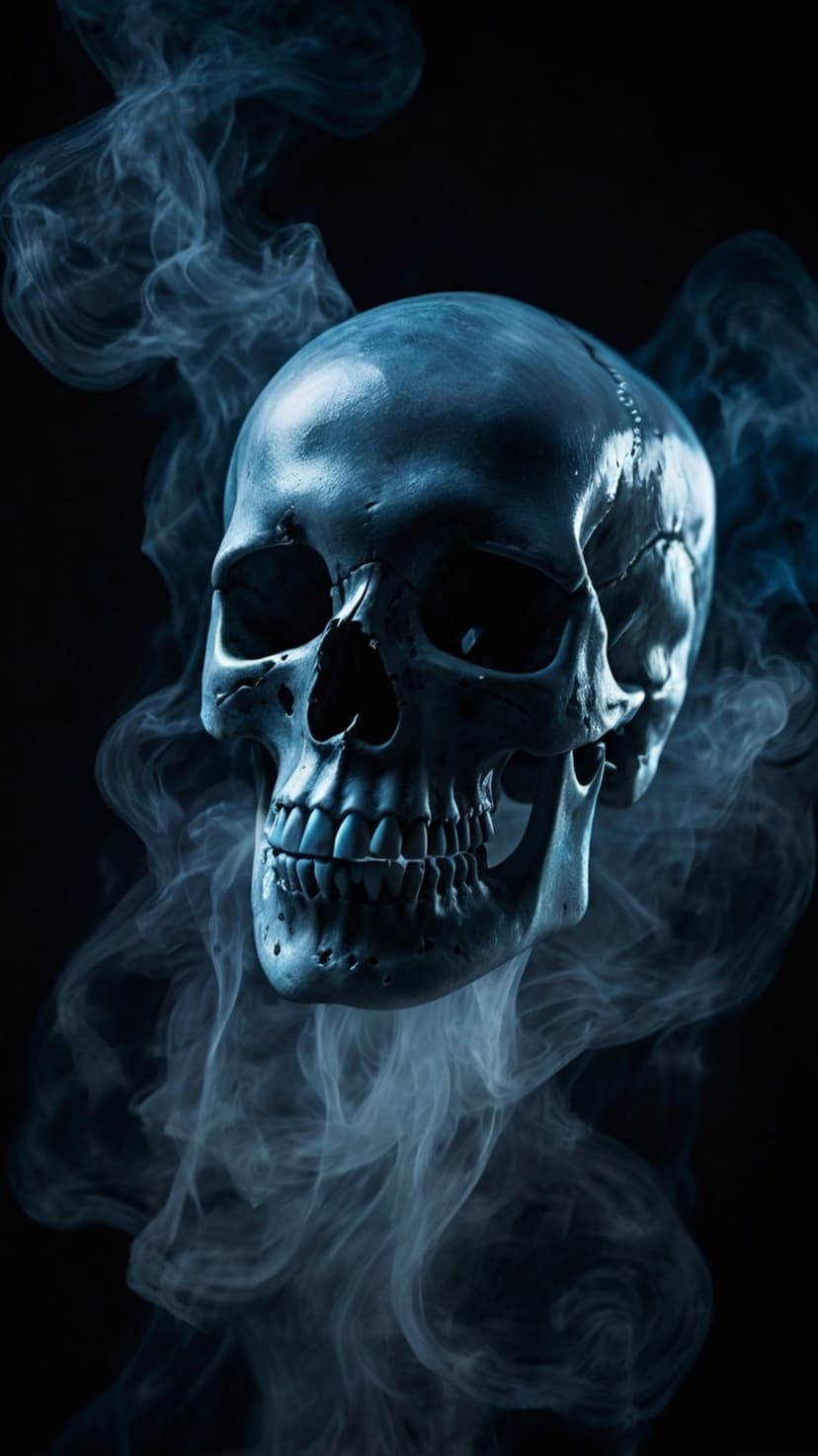Metallic blue skull surrounded by swirling wisps of glowing cyan smoke against a deep black background.