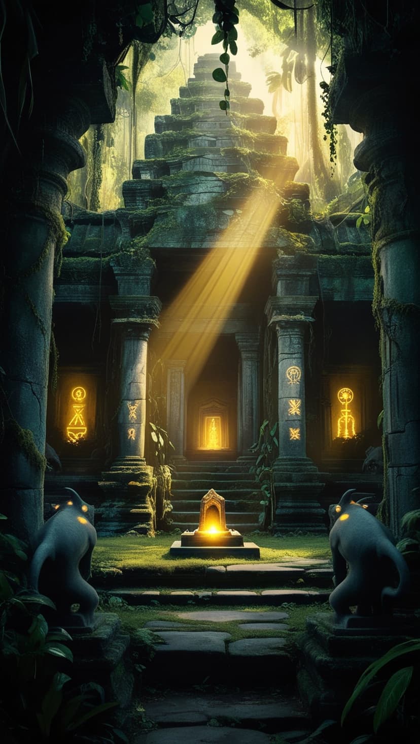 Mossy stone temple ruins with a grand staircase and glowing blue runes illuminated by golden shafts of sunlight.
