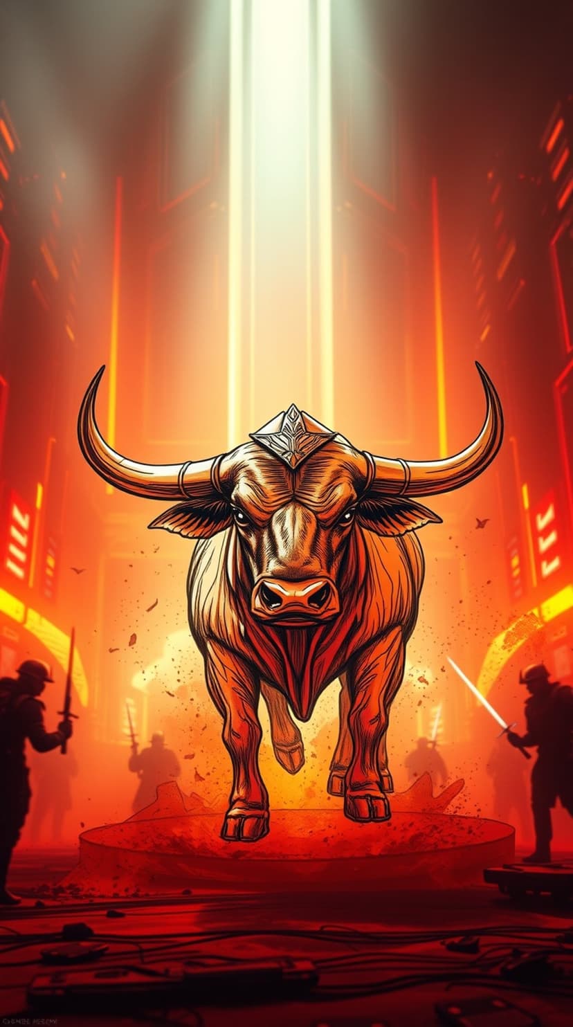Bronze bull with a geometric crown faces silhouetted warriors holding glowing swords in a burning city.