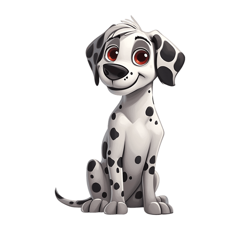 Dalmatian puppy cartoon character with black spots and red eyes sitting against a solid dark background.