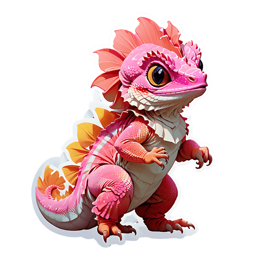 Pink dragon lizard sticker shows fuchsia scales, orange dorsal fins, and glossy texture on a black background.