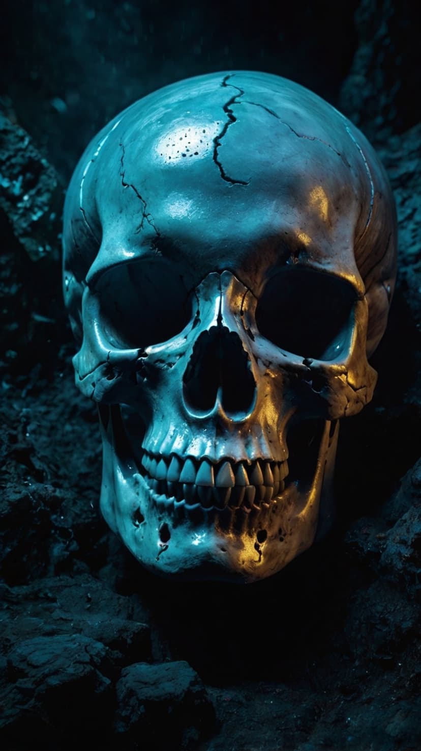 Weathered human skull with blue and gold internal light resting on dark, cracked ground in a vertical layout.