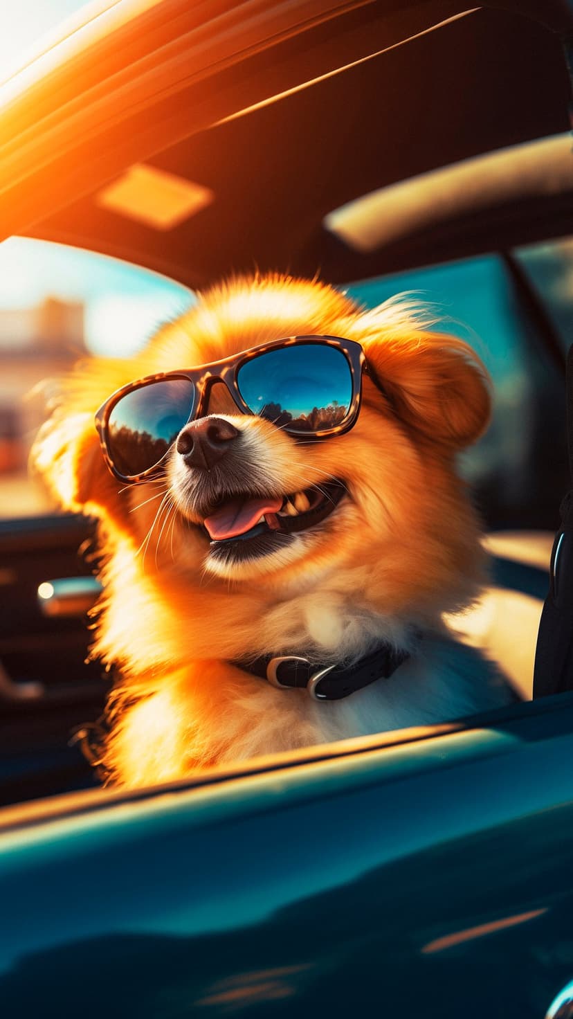 Fluffy golden dog wearing tortoise-shell sunglasses with its tongue out while riding in a sun-drenched vehicle.