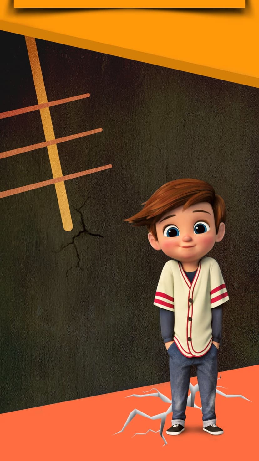 Blue-eyed boy in a cream varsity jacket stands on a cracked orange floor against a textured dark wall.