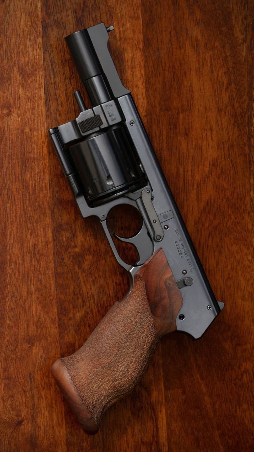 Black steel revolver with a textured wooden grip lies diagonally on a warm-toned walnut timber surface.