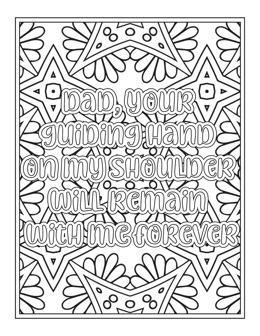 Fatherhood memorial typography featuring white outlined lettering over a dark geometric floral pattern background.