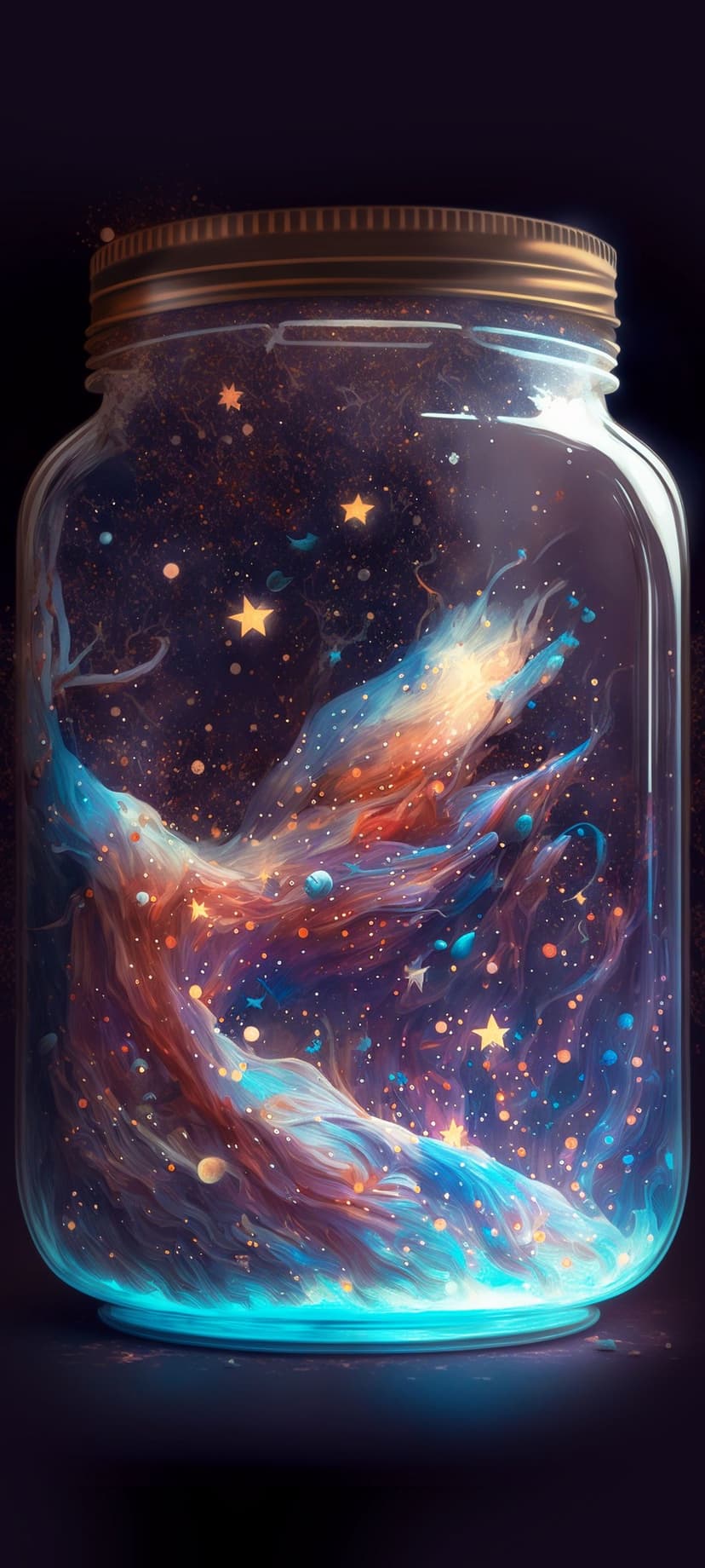Glass jar containing swirling orange and blue nebula clouds with glowing stars against a dark background.