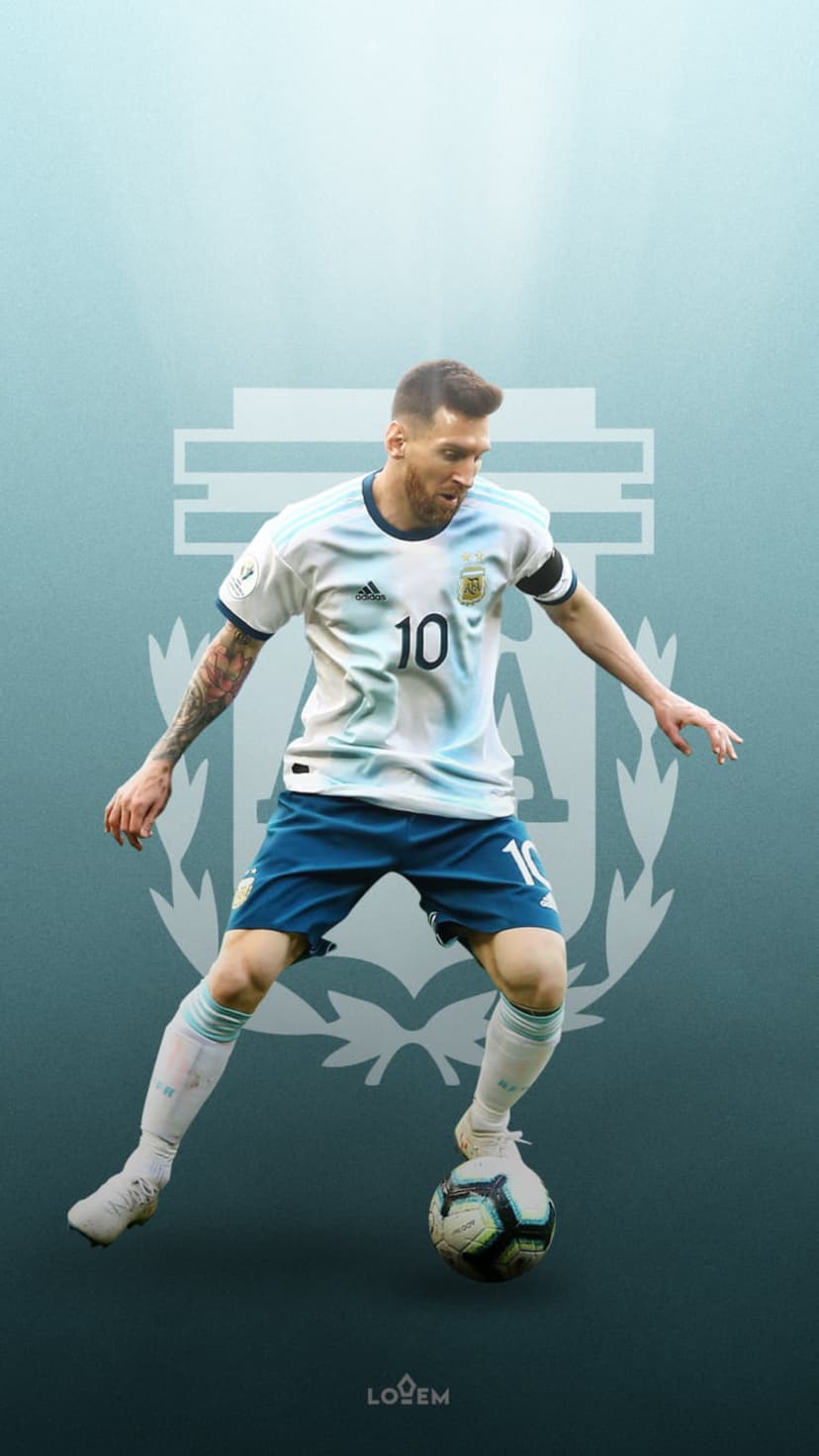 Lionel Messi in an Argentina jersey dribbles a soccer ball against a light blue gradient background with a crest.