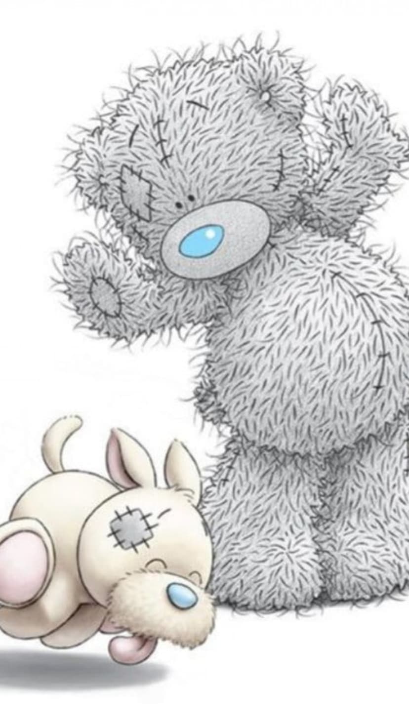 Tatty Teddy bear with a blue nose stands over a cream puppy plushie lying on its back against white.