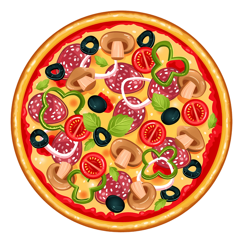 Colorful gourmet pizza illustration with melted cheese, pepperoni, mushrooms, and green herbs on a golden crust.