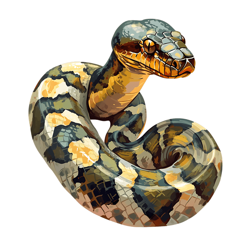 Coiled python snake with olive green mosaic scales and orange eyes rendered in a detailed digital painting style.