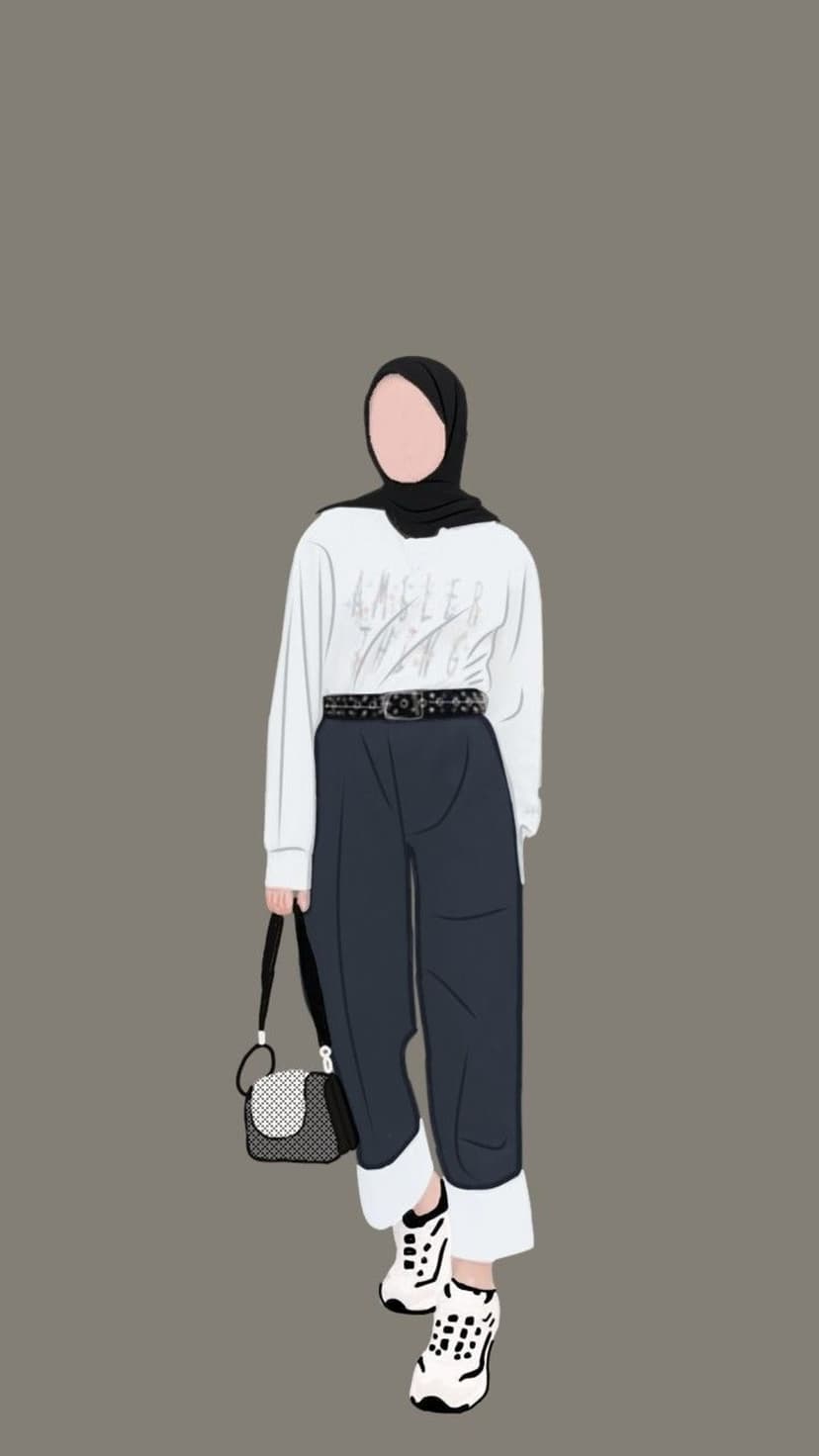 Muslim woman wearing a black hijab and white graphic shirt stands with a designer handbag and studded belt.