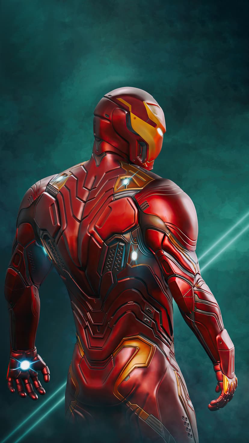 Iron Man suit back view showing red and gold metallic plates, a glowing blue hand repulsor, and teal background.