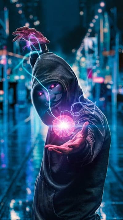 Neon Hacker Mask Energy Orb Cyberpunk Mobile Wallpaper