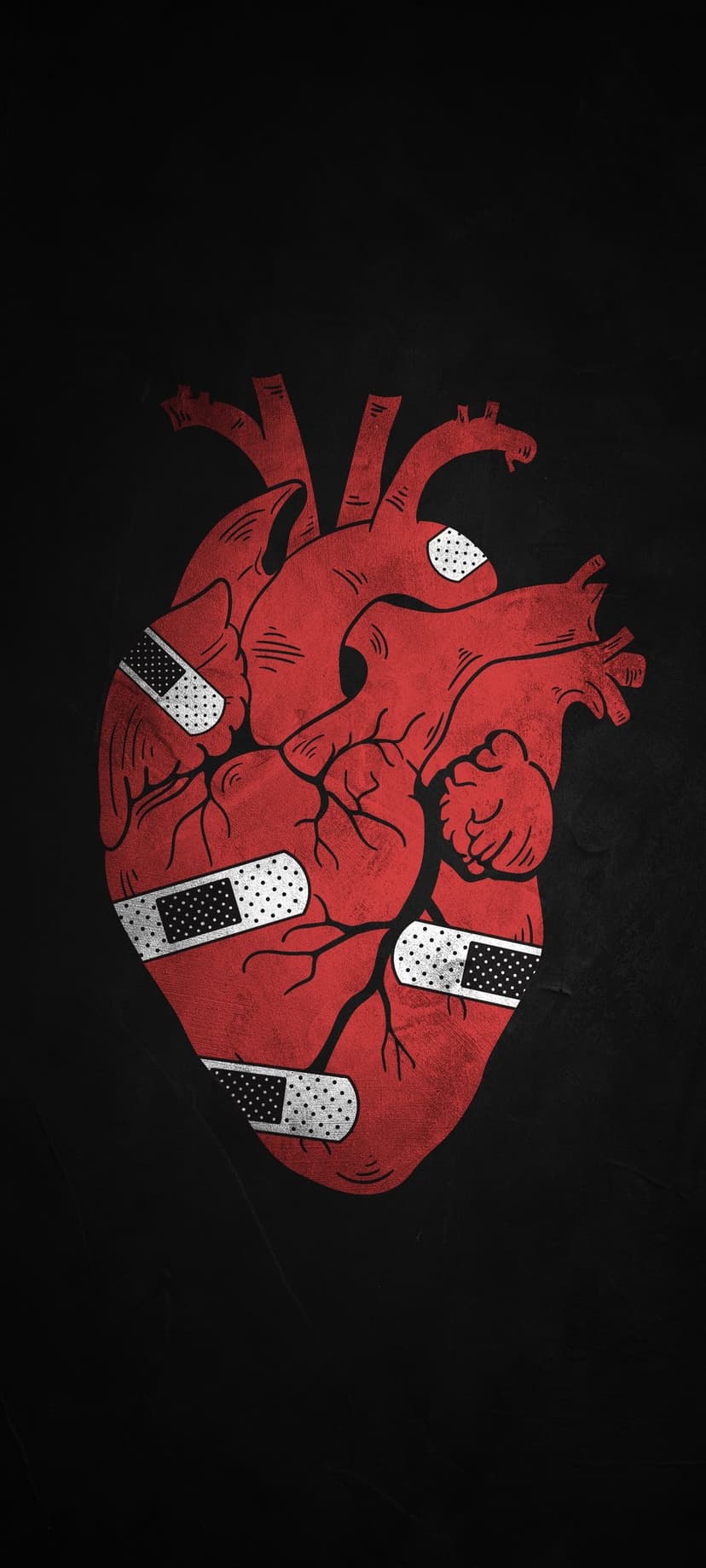 Distressed red heart with black and white patterned bandages centered on a dark textured black background.
