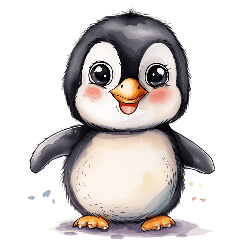 Penguin bird watercolor illustration features large expressive eyes and soft pink cheeks on a white background.