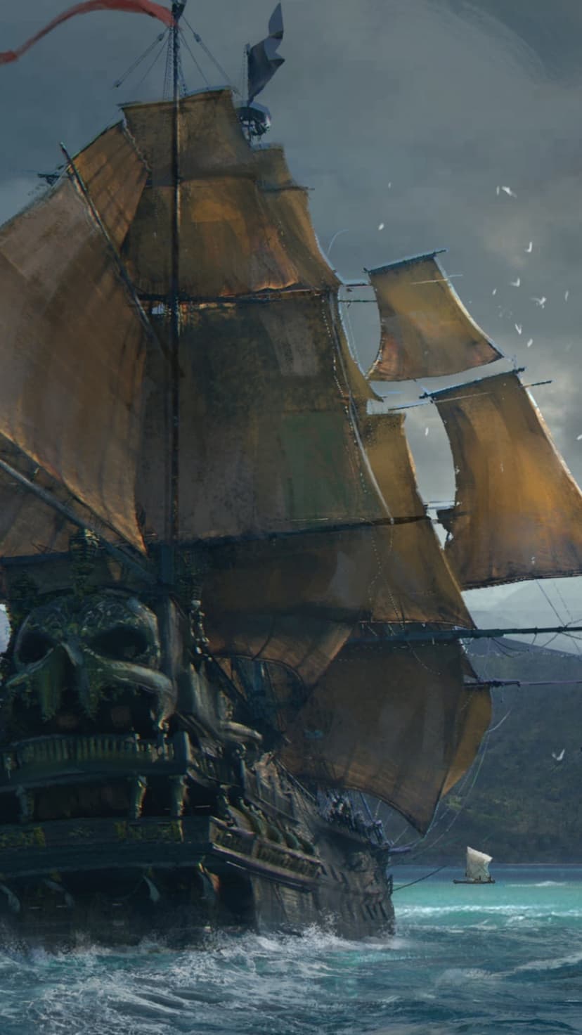 Pirate ship with a skull figurehead sails through rough turquoise water under a moody sky with flying seagulls.