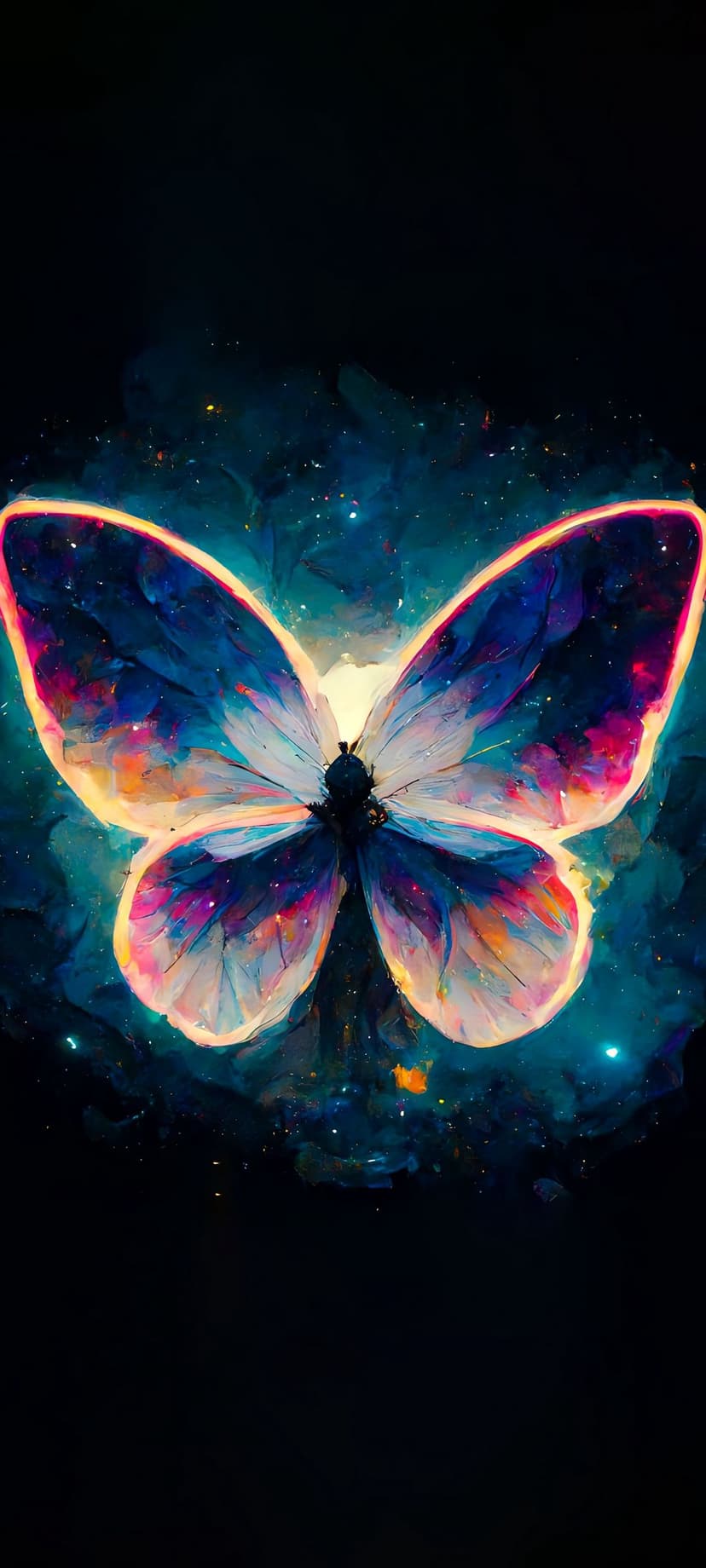 Butterfly with iridescent nebula wings glowing in blue and pink against a dark starry space background.
