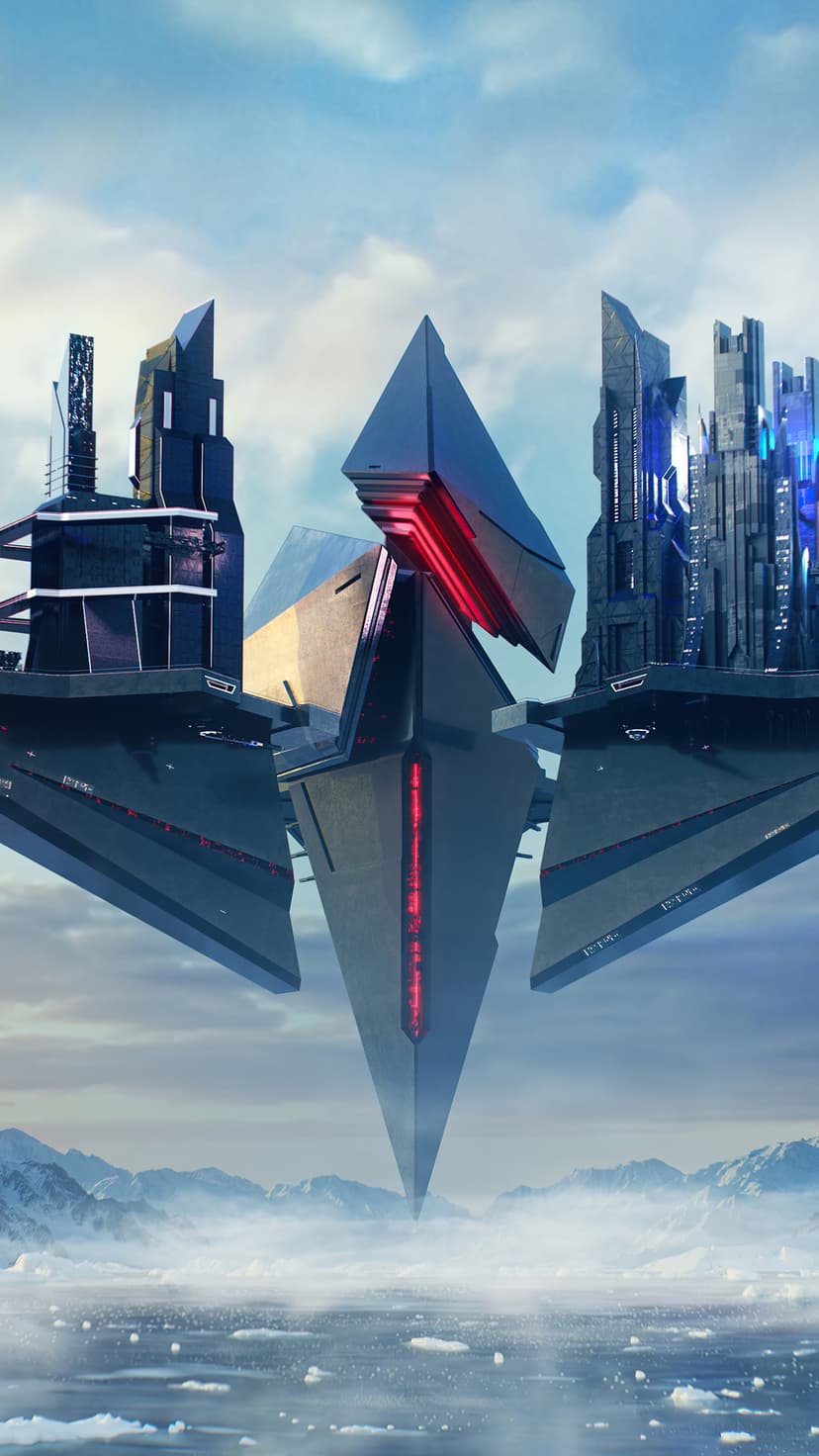 Multi-tiered floating city with glowing red and blue lights hovers above a jagged arctic tundra with icy peaks.