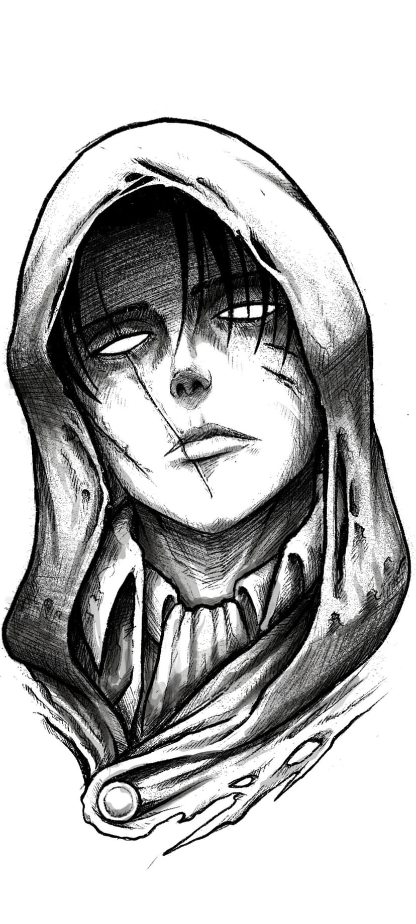 Hooded man with facial scars and an intense gaze framed by deep shadows and heavy black line work.