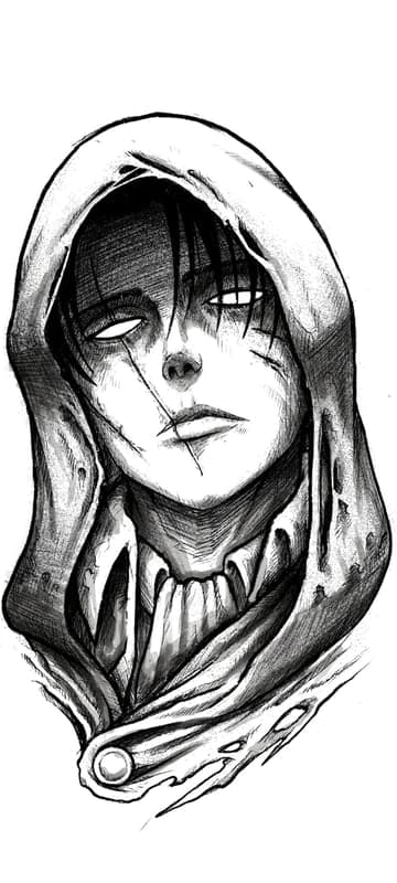 Brooding Anime Character with Scars and Hood