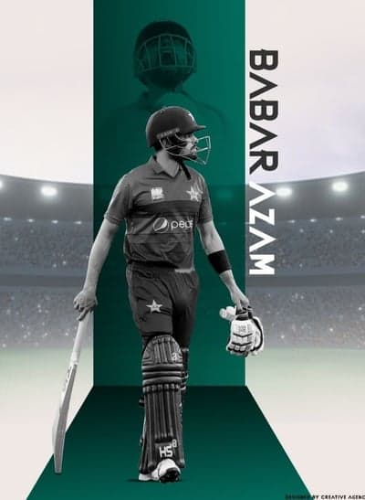 A graphic design of a cricket player with a vertical split background