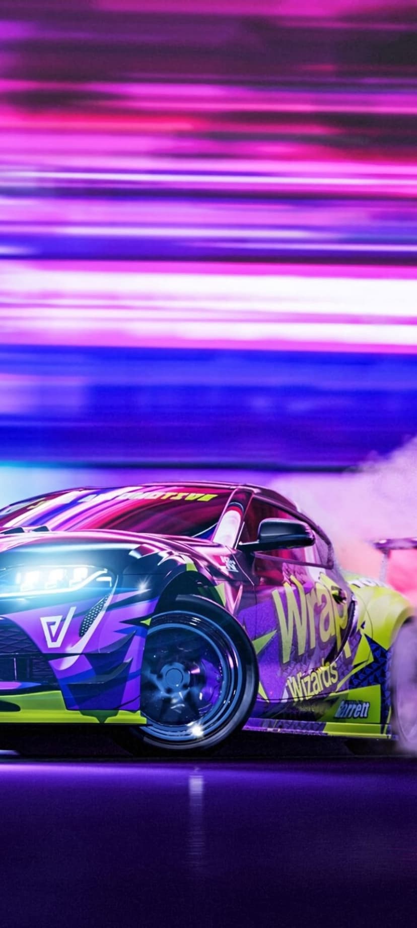 Sports car drifting with pink and purple neon streaks while smoke billows from the tires against a dark background.