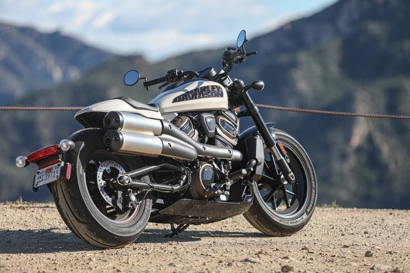 White Harley-Davidson Sportster S motorcycle on a mountain trail with blurred peaks and high-mount exhaust.