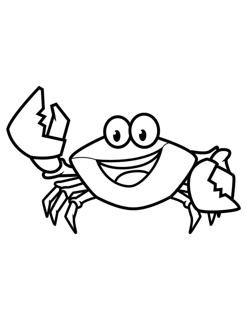 Black and white crab illustration features a smiling crustacean with raised claws and clean vector line art.