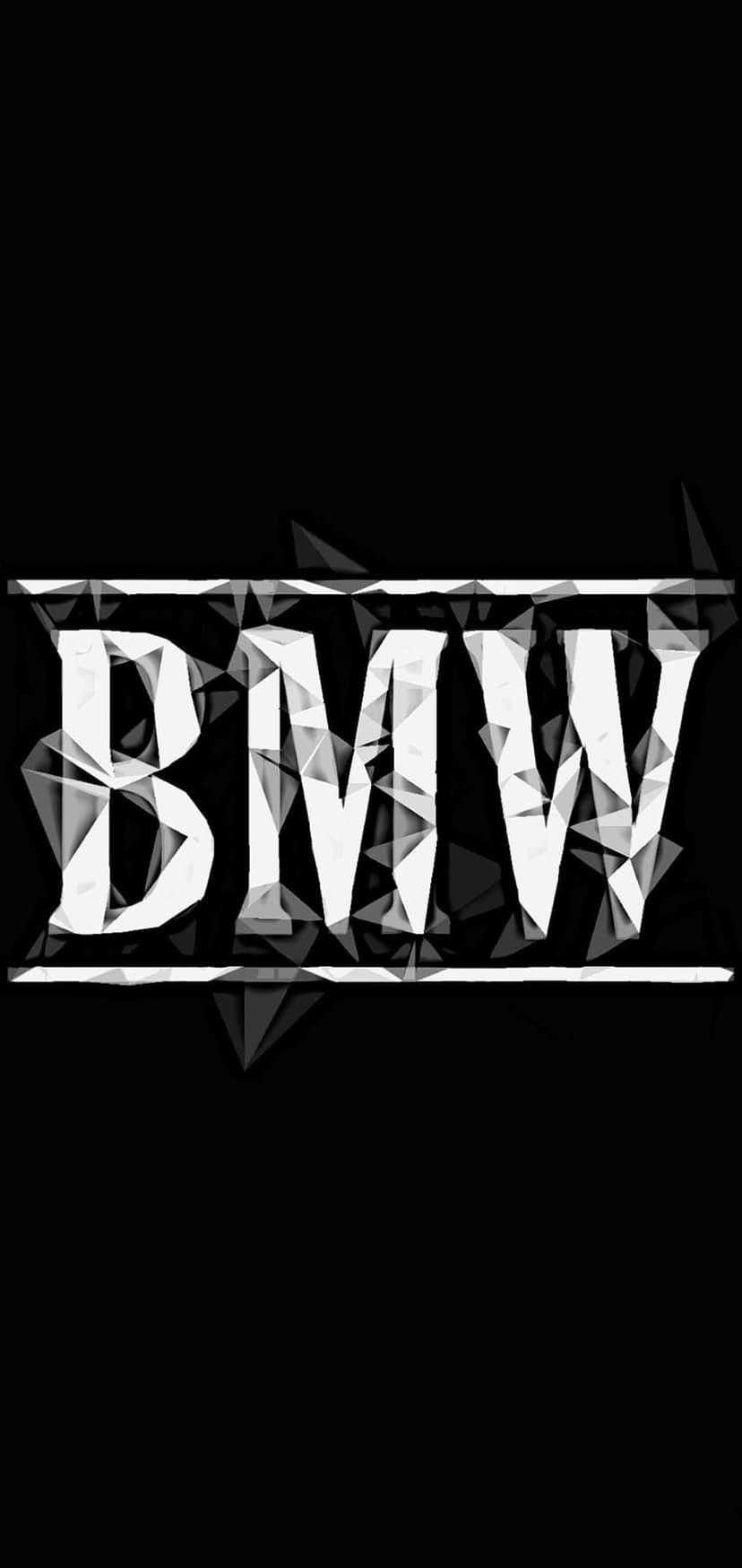 BMW logo with fragmented polygonal textures and sharp white edges against a solid black vertical background.
